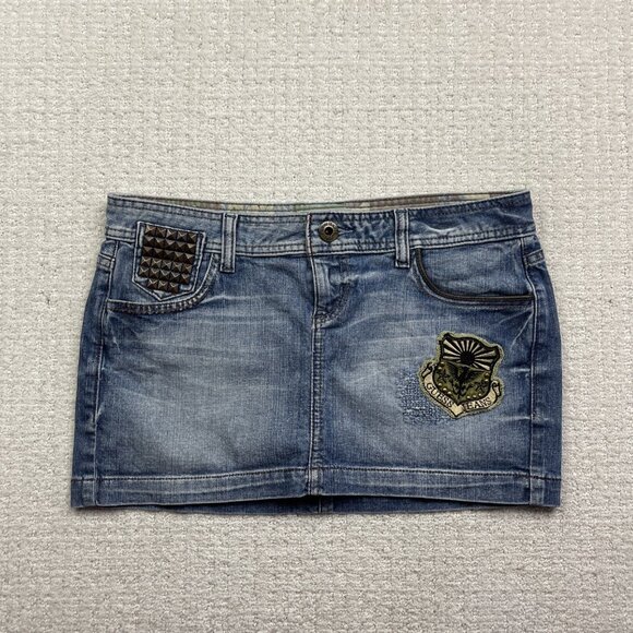 Y2K 2000's Guess Jeans Mini Skirt Size 30 Goth Emo Studded Punk Grunge Denim - Picture 1 of 13